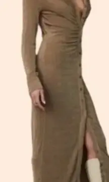 12th Tribe Brown Ruched Long Slevee Button Front Midi Dress M