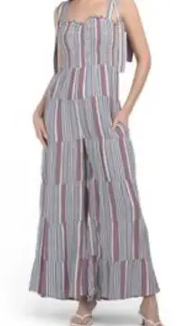 Storia‎ Striped Smocked Jumpsuit Tie Strap Tiered Wide Leg Boho Chic