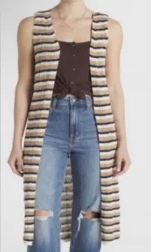 Vigoss Brown Striped Sleeveless Crochet Duster Cardigan Sweater Size L NWT