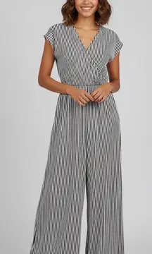 Caution to the Wind Jumpsuit Womens Medium Blue White Striped Wide Leg Casual
