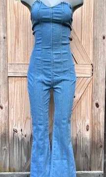 Love 83 Stretch Denim Strapless Corset Flare Bell Bottom Jumpsuit~M~
