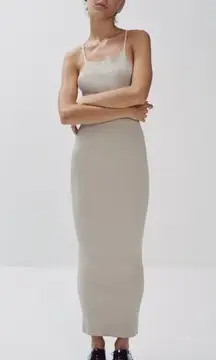 Zara Neutral Ribbed Knit Midi Tank Dress Beige Bodycon Minimalist Size Large