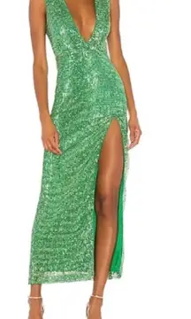 H:OURS REVOLVE Mahlia Maxi Dress in Green Sequined Deep V-Neck Slit Party XS