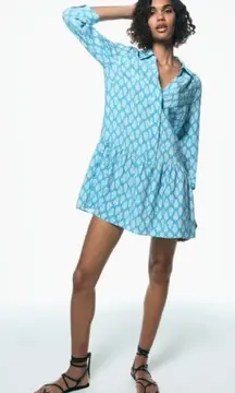 ZARA The Carly Blue & White Floral Printed Button-Up Flounce Mini Dress Medium‎