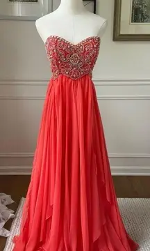 Sherri Hill Sweetheart Strapless Beaded Coral Formal Gown Prom Pagent Dress 0972