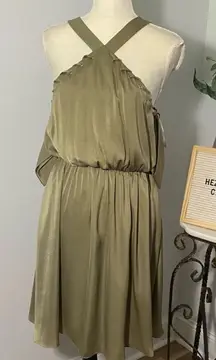 Guess Los Angeles Olive Green Satin Cold Shoulder Dress Size M Party Cocktail