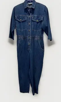 Vintage IDEAS Denim Romper Coveralls‎ Jumpsuit Medium Denim Snap 3/4 Sleeve