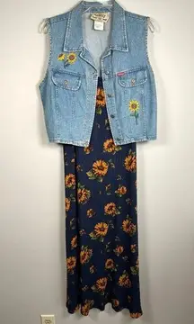 Vintage 90s Tickets Denim Vest Sunflower Dress Floral Size 13/14 Matching Set