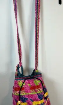 Wayuu Woven Bucket Bag Purse Pink Yellow Wood Bead Animal Print Cinch Close Boho