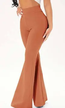 SheIn Burnt Orange Solid Rib Knit Flare Leg Pants