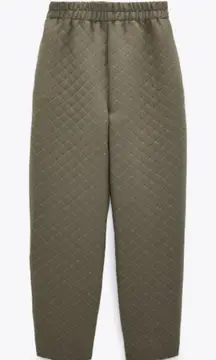 Zara Khaki Green Quilted Slouchy Sweatpant Pants Pockets Size Small