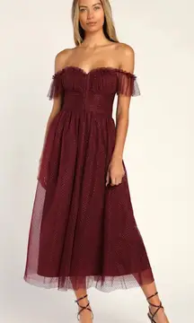 Lulus Regal Radiance Burgundy Tulle Bustier Midi Dress Size Small