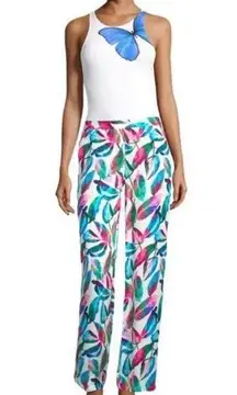 Flowy Tropical Palm Leaf Feather Print Wide Leg Crop Pants Multicolor - M