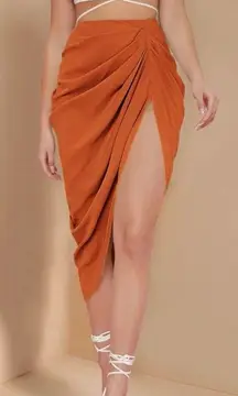 SHEIN High-Slit Ruched Burnt Orange Y2k Boho Midi Skirt
