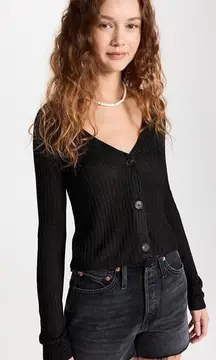 Free People Women's Game On Cardigan Sweater Black Ribbed Knot V Neck Medium