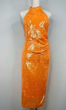 NEW Caroline Constas Bright Orange Hgh Neck Sequin Midi Dress Size Medium NWT