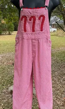 Vintage Scrap Work Overalls Red Trim Candy Cane & Heart Patchwork Farmhouse L