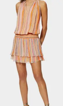 RAMY BROOK Tobie Striped Smocked Waist Sleeveless‎ Orange Silk Mini Dres Size M