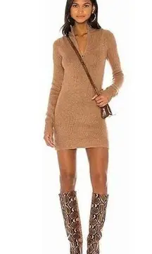 Lovers + Friends NWT  M Wool Zip Sweater Knit Mini Dress Camel Tan