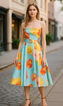 NWT $995 Rene Ruiz  mikado midi dress In Teal / Yellow / Red Belted