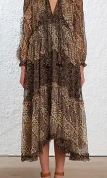 Zimmermann Brown and Cream Long Sleeve Midi Dress Size 0