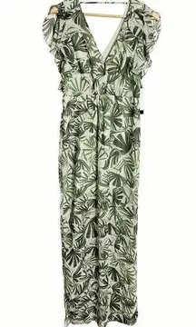 H by Halston Palm Leaf Print Green Sheer V-Neck Ruffle Maxi Dress Size 2