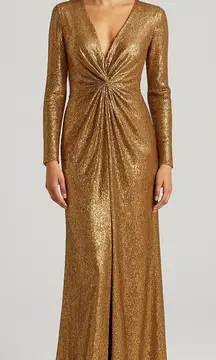 IEENA Mac Duggal Metallic Bronze Front Twist V Neck‎ Long Sleeve Gown Dress 8