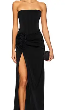 NEW NWT NBD Jake Gown Strapless Corset Maxi Dress Rosette Detail Black