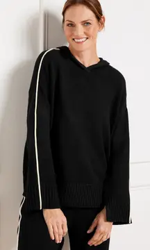 T by Talbots Black Hooded Sweater XL White Stripe Sleeve Cozy Knit Pullover