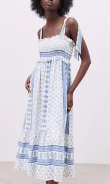 Blue And White Smocked Maxi Dress