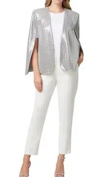 Tahari  ASL Silver Metallic Sequined Cape Blazer