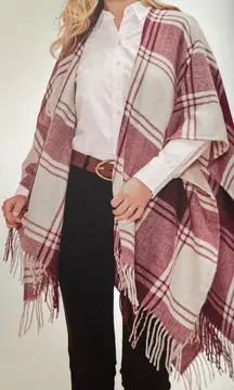 Banana Republic Wrap Kimono Blanket Cashmere Blend Plaid Red Fringe Wine‎ New