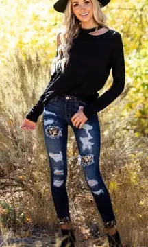 Kancan leopard patched distressed cuffed ankle denim sz 28