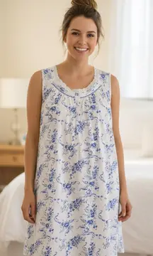 Pink Label Sleeveless Nightgown Womens XL Blue Floral Lace Trim Button Front