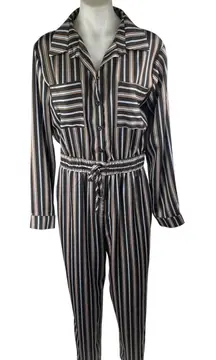 Lulus Black Striped Long Sleeve Drawstring Pockets Button Down Shirt Jumpsuit S