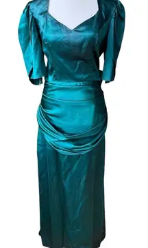 Vintage 80s Dk Green Satin Backless Oversized Bow Floor Length Prom Dress AS IS