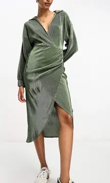 ASOS Women's Plisse Wrap Midi Dress Collared with Blouson sleeves Green Size 10