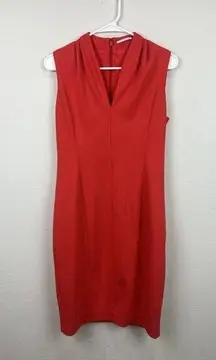 Tahari Red Orange V Neck Sheath Dress Size 4 High Neck Sleeveless Knee Length