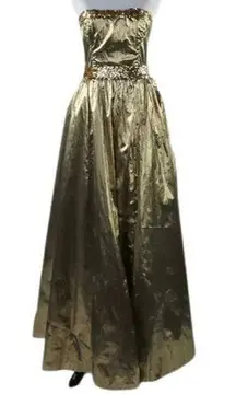 1980s XS Metallic Gold Strapless Gunne Sax Dress with Gold Sequin Belt