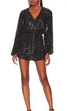 FREE PEOPLE Black Wrap Sequin Romper Mini Dress Long Sleeves Low Cut Small New‎