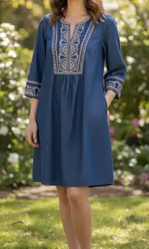 J Jill Denim Chambray‎ Boho Dress Embroidered Peasant Pockets Blue Small Tall