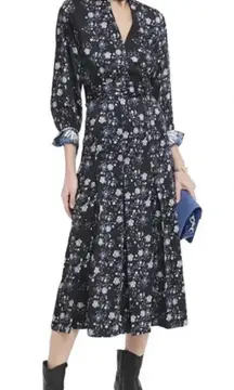 SANDRO BONNY CUT OUT BLUE FLORAL SATIN MIDI DRESS
