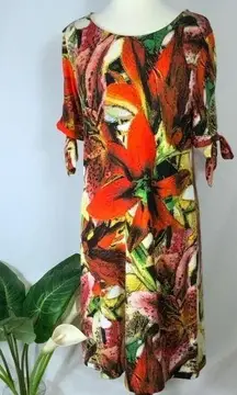 Carmen Marc Valvo Bold Multicolor Tiger Lillies Split Short Sleeve Dress L