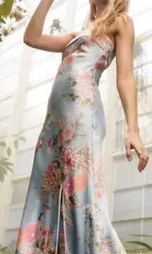 NEW Altar'd State Angelique Floral Maxi Dress Blue Pink Satin Strapless XL