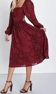 Lulus Burgundy Floral Long Sleeve Lace-Up Back Midi Dress