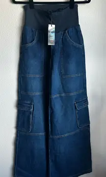 Dolls Kill Dark Blue Sweatpants Band Wide Leg Cargo Jeans