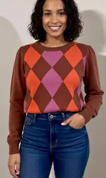 TWINKLE BY WENLAN Brown/Purple/Red Cropped Argyle Wool French Bulldog Sweater SM