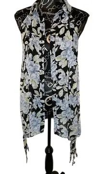 Umgee Floral Print Open‎ Front Vest Sleeveless Sheer Black Blue Summer