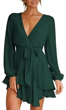 NEW Dress Deep V-Neck Long Sleeve Waist Tie Ruffle Mini Swing Green Medium