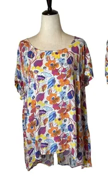 Cynthia Rowley Shirt Women 2X White Floral High Low Hem Button Back‎ Top Boho
